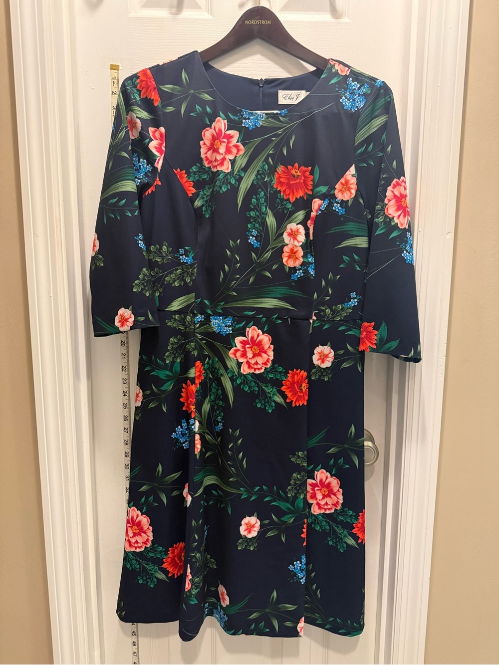 Navy Floral A-Line Dress with Pink & Red Blooms. Fully lined. By Eliza J